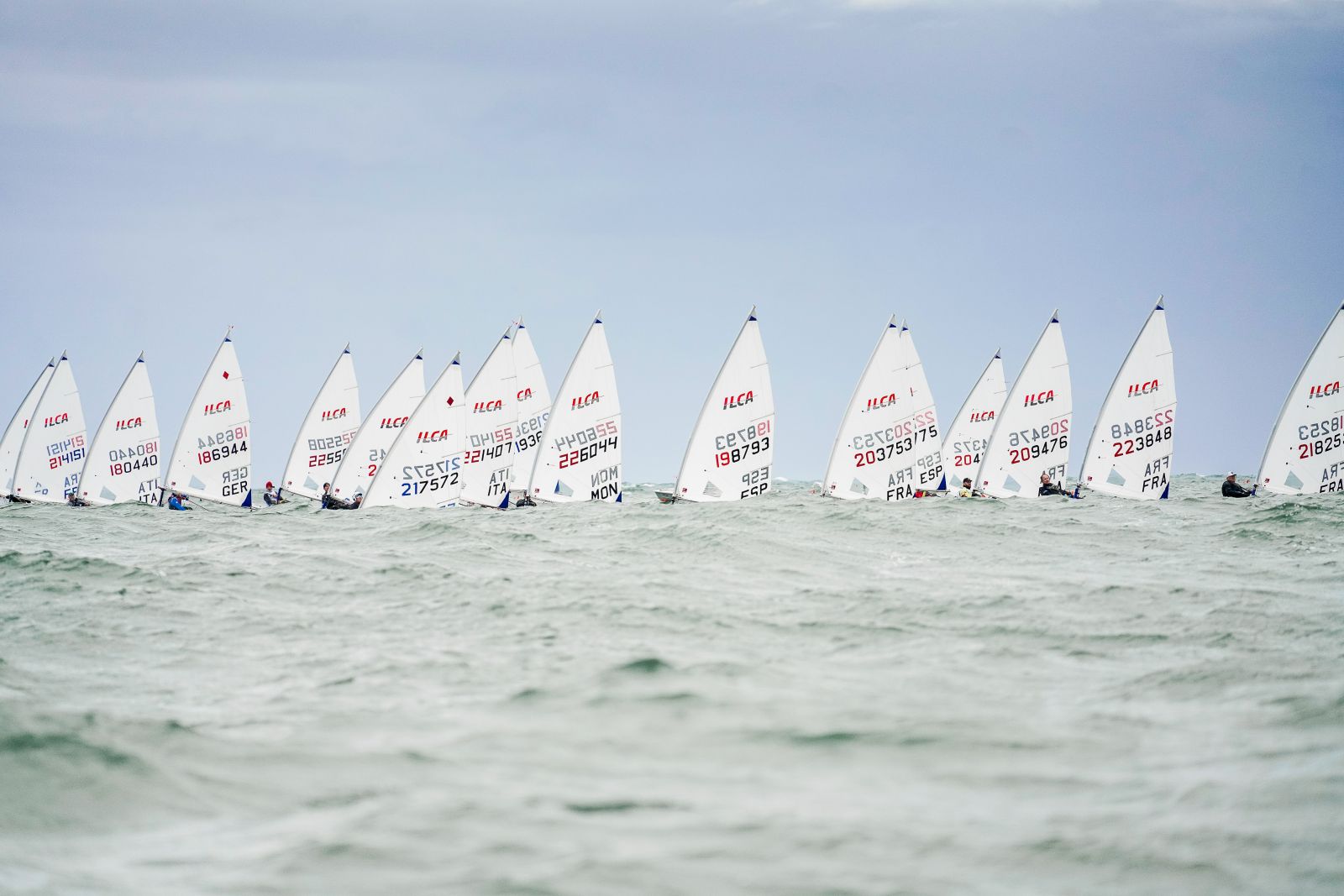 Une ligne de voiles d’ILCA posée sur l’horizon