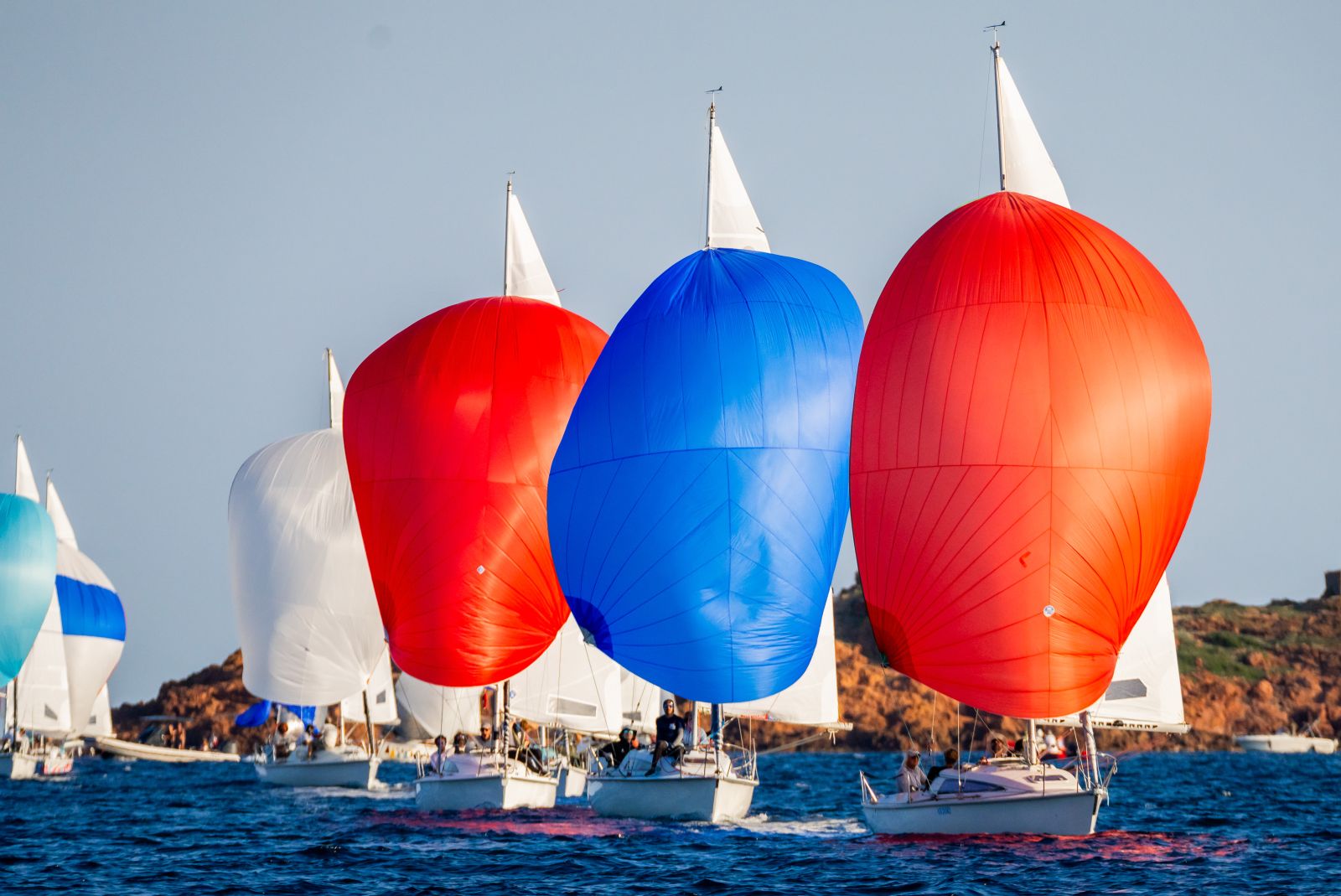 Flotte de Surprise sous spinnakers rouge et bleu